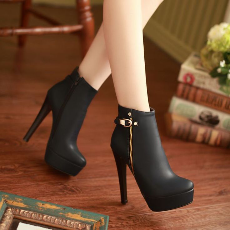 Winter Round Toe Stiletto High Heel Zipper Ankle Buckle Blue PU Martens Boots_Bo...