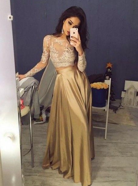 gold prom dress,long prom dress,two pieces prom dress,lace sleeves prom dress,ch...