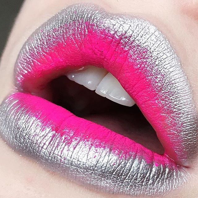 silver metallic outer through to matte neon pink lip makeup