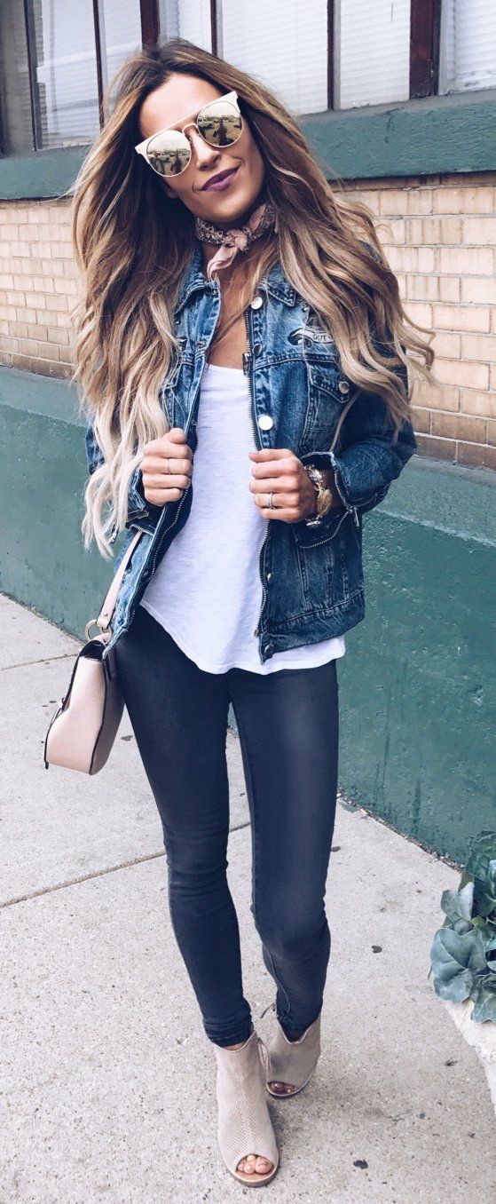 #spring #outfits  Denim Jacket & White Top & Black Leggings & Beige Open Toe Boo...