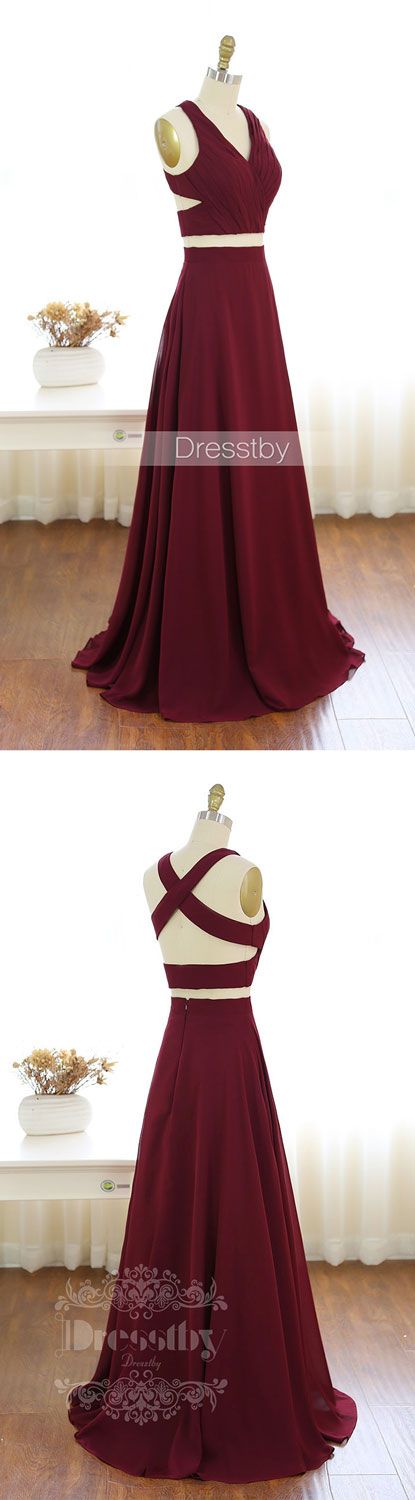 two pieces burgundy chiffon long prom dress, evening dress, two pieces burgundy ...