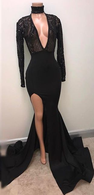 Black Split V-Neck Mermaid Long-Sleeve Sexy Prom Dress PT0318_High Quality Weddi...