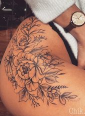 Inspirational hip thigh tattoo ideas for woman, first tattoo on thigh, flower ta...